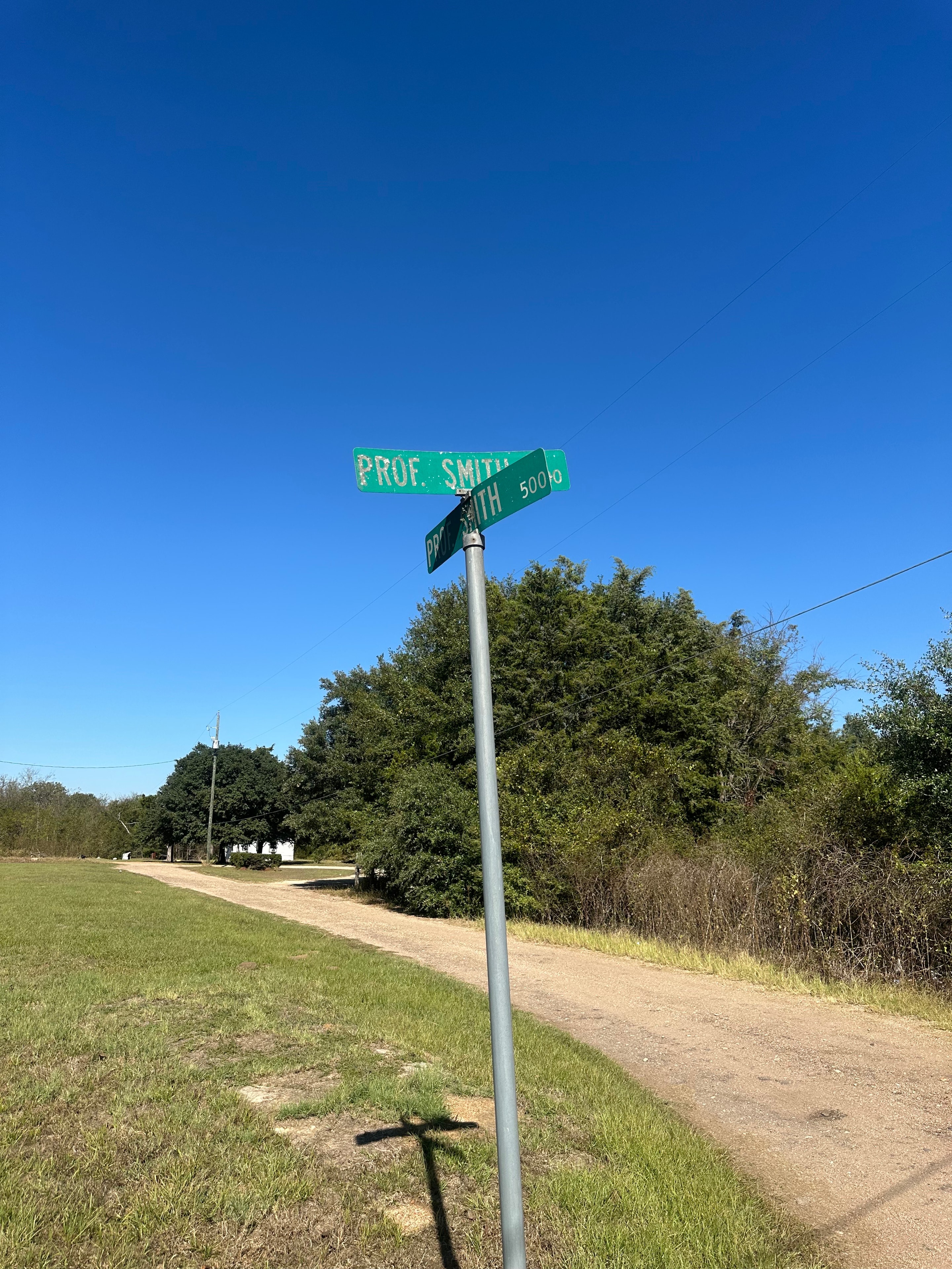 Street sign reading 'Prof. Smith' — Gause, Milam County, Texas. A road named for the educator who sustained the Gause School for Colored.