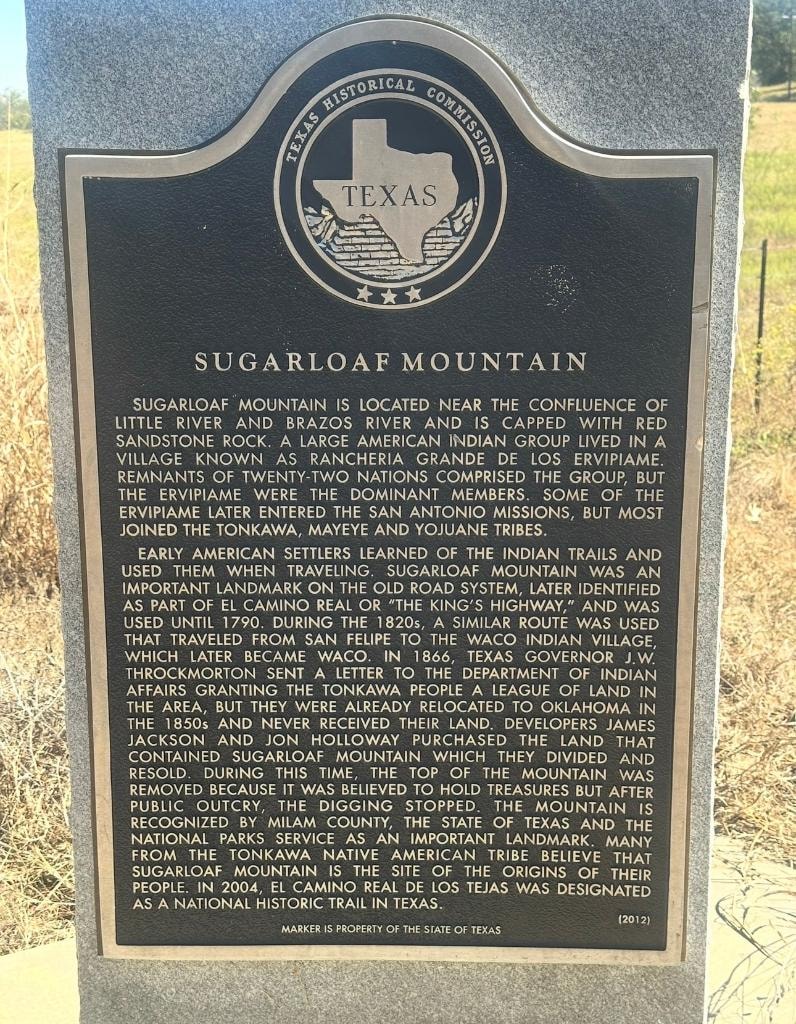 Sugarloaf Mountain Texas Historical Commission marker in Milam County, Texas