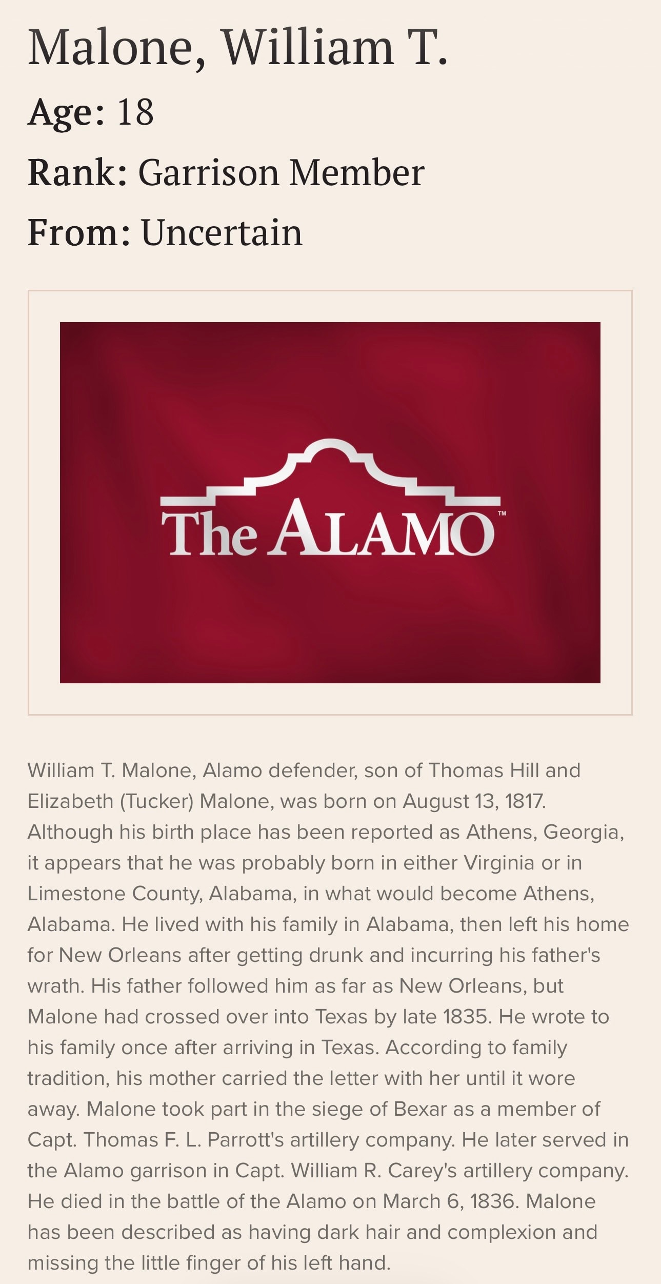 Historical Alamo record related to William T. Malone